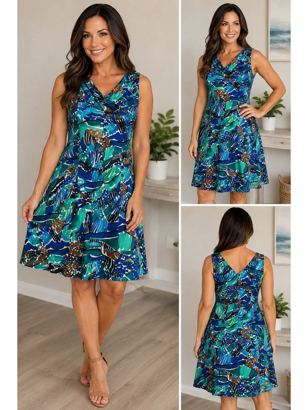 Kasper Blue Green Abstract Print Fit & Flare Dress Size 10